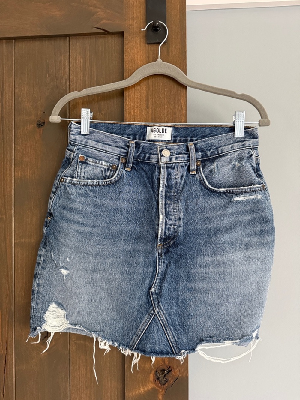 Agolde Faded Blue Distressed Denim Mini Skirt | Size 26